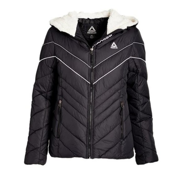 Reebok Black Stripe Accent Sherpa Lined Puffer Coat - Size M * Wom314 - Picture 1 of 5